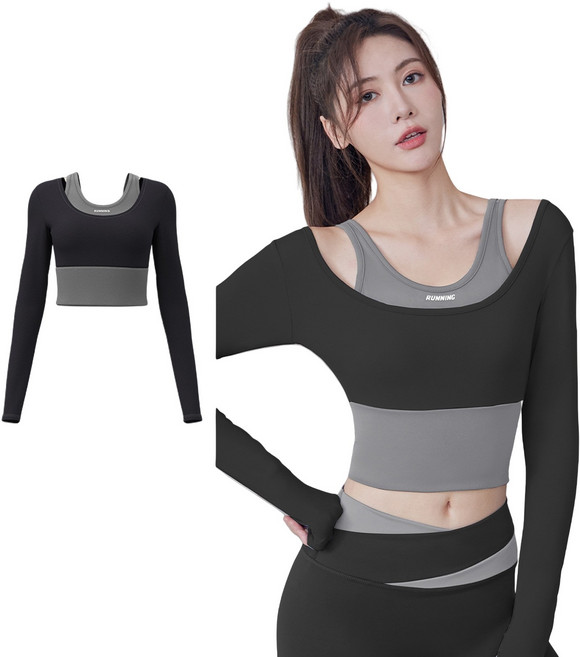 긴팔 캡내장 크롭탑 필라테스복 요가복 상하의 세트 양말증정