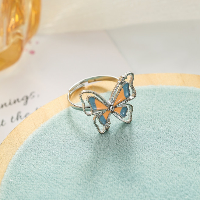 실버 톤 오픈 디자인 블루 오렌지 그라데이션 글레이즈 나비 반지