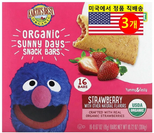 Earth's Best 2세 이상 어린이용 맛있고 풍부한 영양 공급 오가닉 써니 데이즈 스낵 바 16개입 19g 1개, 3개 - 쿠팡
