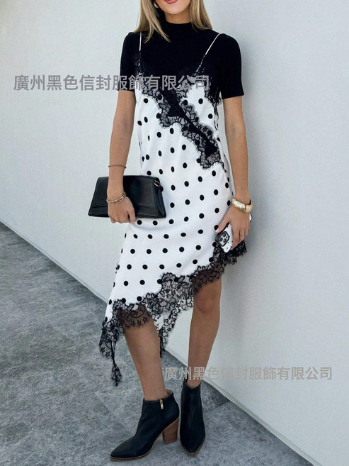 DIU 女士復古波點迷你吊帶連衣裙無袖不對稱下襬蕾絲花邊細節肩, XXL