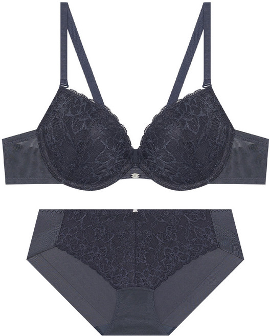 엘르이너웨어 아델라 딥브이 레이스 브라 팬티 세트 - 네이비
