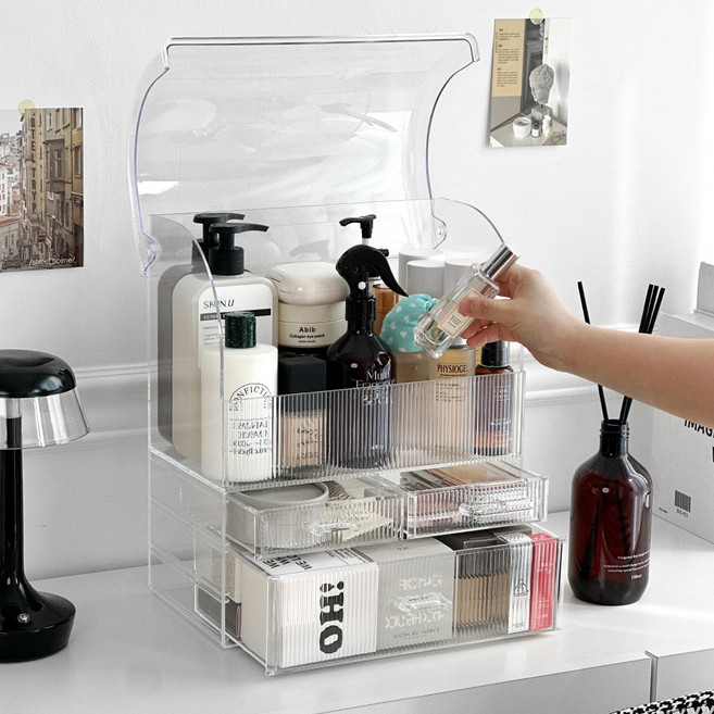 초특대용량 루시아이 대용량 투명 플리츠 화장품 정리함, 1개, 소형