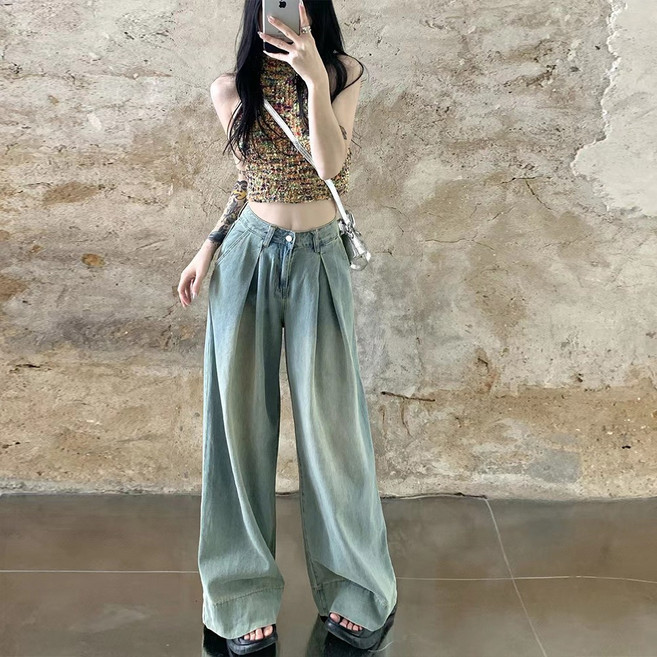 (하비강추) 메이리앤 연청 와이드 데님 팬츠 하이웨스트 여성 여름 청바지