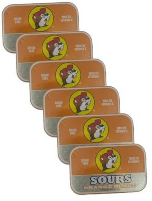 Bucee's 솜사탕 코튼 캔디 부키스 프레시 브레스트 민트 무설탕 글루텐 프리 오래 지속되는 입 냄새 제거제 강한 침샘 유발 여행용 틴 케이스 50가지 맛의 맛 6개 세트, 오렌지 신맛