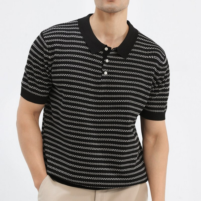 글리멜로 남자 여름 스트라이프 니트 카라 반팔 티셔츠