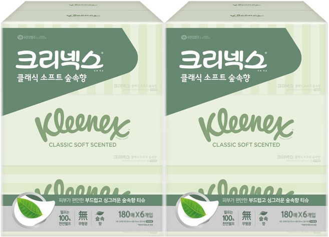 크리넥스 클래식 소프트 숲속향 천연펄프 미용티슈 2겹, 180매, 12개