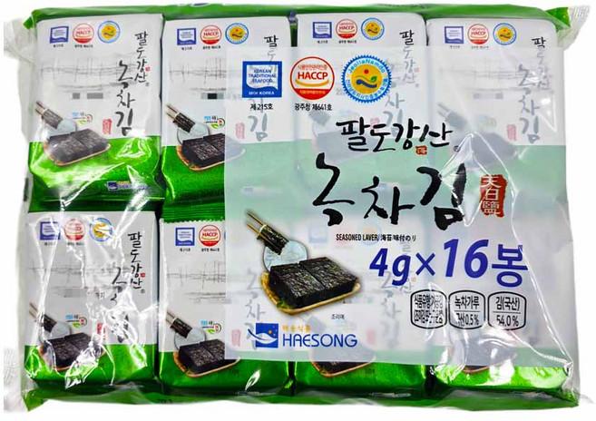 해송식품 팔도강산 녹차김 16봉 1박스, 160개, 4g
