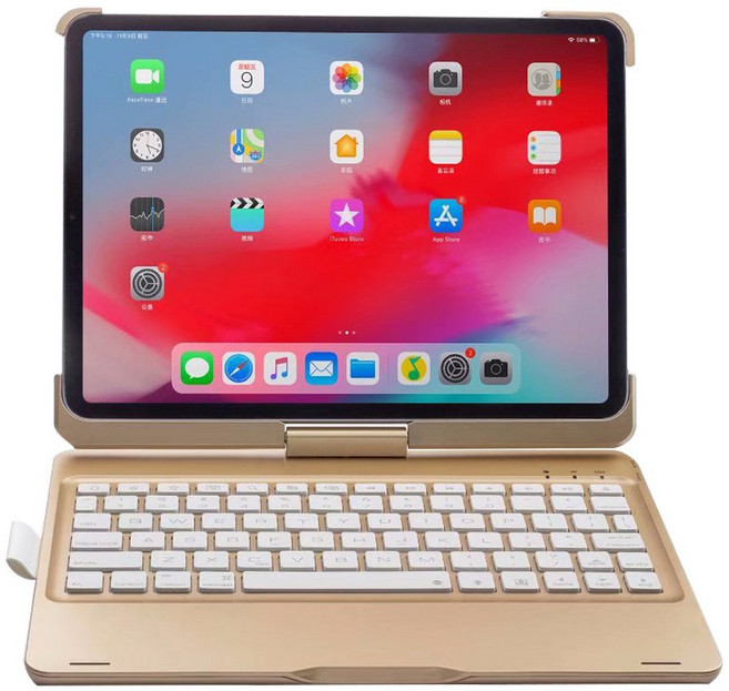 iPad Pro 11吋 360度旋轉藍牙鍵盤筆電盒 七彩背光, 香檳金
