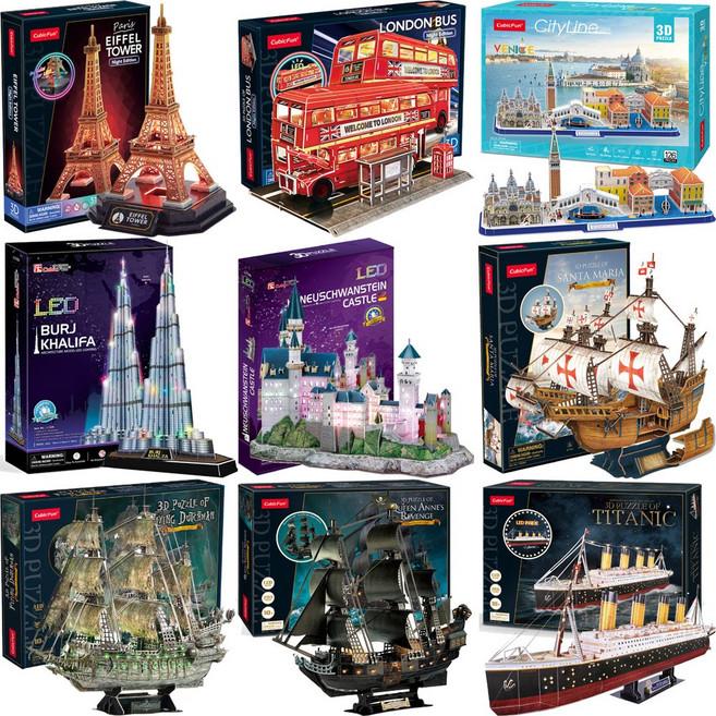 퍼즐마을 정식수입 큐빅펀 2024 24종택 LED 베슬 시티라인 블랙펄 에펠탑 타이타닉 부르즈할리파 빅벤, A-10 LED 중형 런던 2층버스, 1개