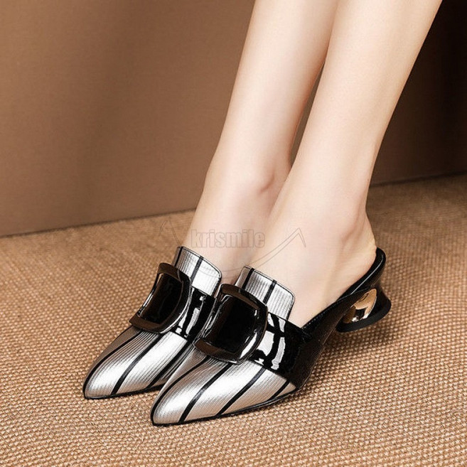 Krismile 여성 버클 통굽 슬리퍼 키높이 4cm 캐주얼 뮬 슬립온 스퀘어 펌프스 여름 아웃도어 슬리퍼
