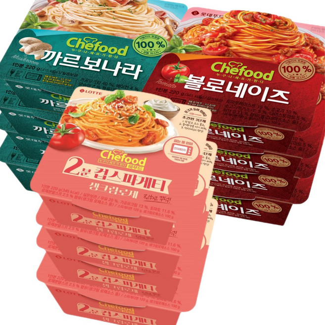 롯데푸드 쉐푸드 스파게티 3종 각 4개 즉석 파스타, 12개, 220g