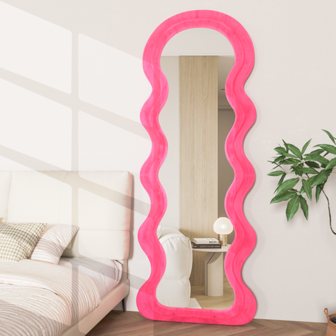 Brendayia 물결 전신거울 벽걸이거울 현관거울 플란엘 포장 나무 구조 거울, 분홍색