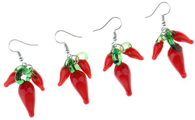 HAIMINGJUN 2 쌍 레드 핫 Lampwork 유리 클러스터 칠리 페퍼 매달려 귀걸이 세련된