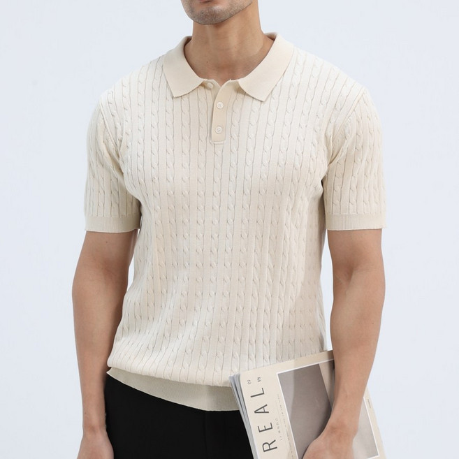 글리멜로 여름 남자 꽈배기 니트 카라 반팔 티셔츠