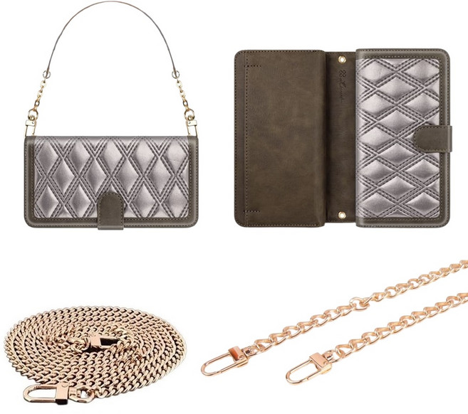 갤럭시 S24플러스 케이스 SM-S926N 가죽 뉴스칼콤 (지퍼-콜라보) (손목 스트랩 줄 + 메탈 (올체인 롱) 목걸이) 카드 지폐 수납 포켓 지갑 커버