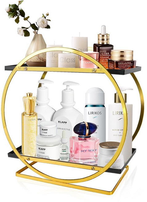 KZZDNN 욕실 카운터 정리함 욕실용 2단 조리대 정리함 우드 메이크업 화장품 보관함 베니티 킨케어 보관함, GOLD