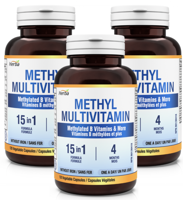 메틸 비타민 15종 120캡슐 활성형 종합 비타민 8종 B12 나이아신마이드 리보플라빈 활성형 엽산 판토펜산 허바 캐나다, 3개, 120정