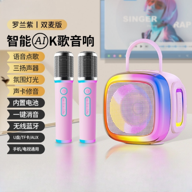 智能AI K歌音響 語音點歌 無線藍牙, 雙話筒【標準版·羅蘭紫】, KN14彩屏版