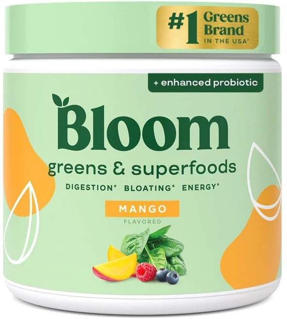 Bloom Nutrition 블룸 뉴트리션 슈퍼푸드 그린 파우더 소화 효소와 프로바이오틱스 프리바이오틱스 포함 장 건강 복부 팽만 완화 클로렐라 비트 뿌리 파우더가 함유된 주스, 30 Servings (Pack of 1), Mango, 1개 - 쿠팡
