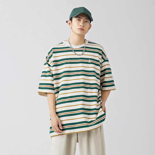 HANYO 남녀공용 스트릿 빈티지 배색 스트라이프 루즈핏 반팔티