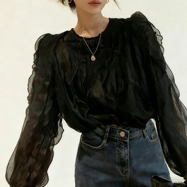 동방 여성 여자 물결 시스루 라운드 블라우스 셔츠 하객룩 파티룩