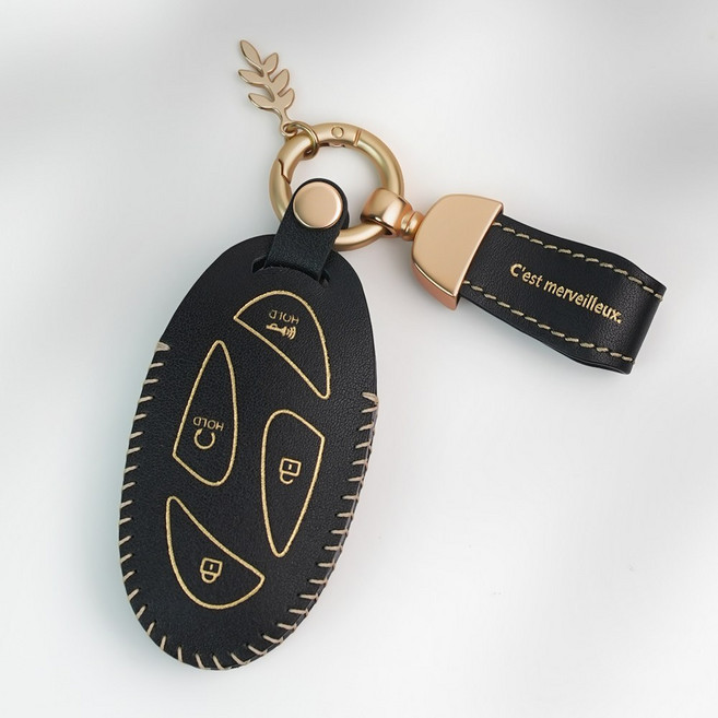 MODACE 2023-2025 현대 호환 소가죽 자동차 스마트키케이스, & 가죽 스트랩, 7버튼 블랙