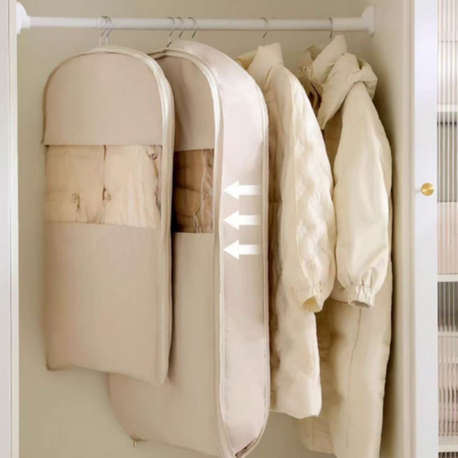 지퍼형 옷 커버 옷걸이형 투명 코트 먼지 방지 옷 커버 의류 보관 파우치 보관함 깔끔한 긴옷옷 정리함, 베이지