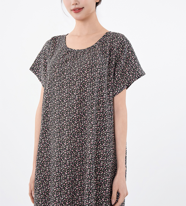 시크나인 아사면 반팔 원피스 잠옷 플라워 여름 홈웨어 빅사이즈