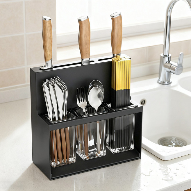 KEMEI 수저통 물빠짐 주방 수납 선반 세트 대용량 스텐 주방용품 정리함, 1개, 회색