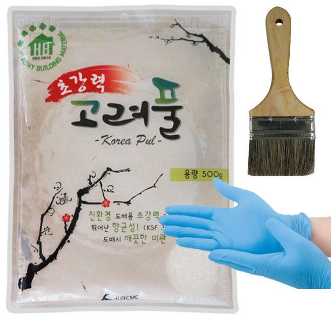 초강력 도배용 풀 간편하게 물에 타서 사용하는 가루 풀 친환경 풀 도배 풀 벽지 풀 초강력 고려 가루풀 500g (벽지 2롤 사용량)+ 도배붓 + 라텍스 장갑, 1개