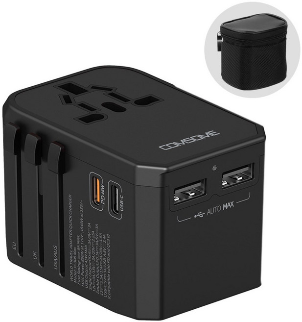컴썸 여행용 어댑터 USB 3포트 C타입 PD45W 파우치포함, 1개