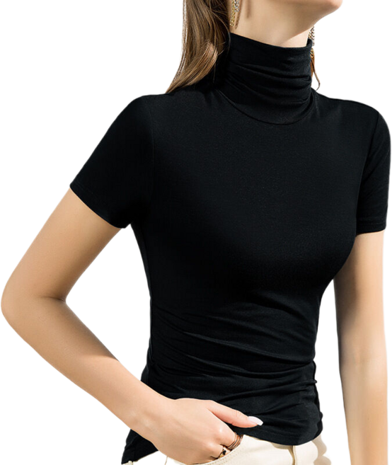 여성용 폴라 모달 반팔 티셔츠 슬림 스판 이너