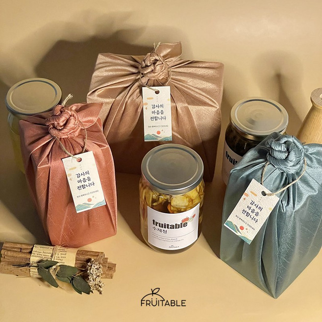 푸릇터블 수제청 선물세트 1구 보자기포장 명절선물 답례품 배도라지청 과일청, 코랄, 1세트, 레몬청