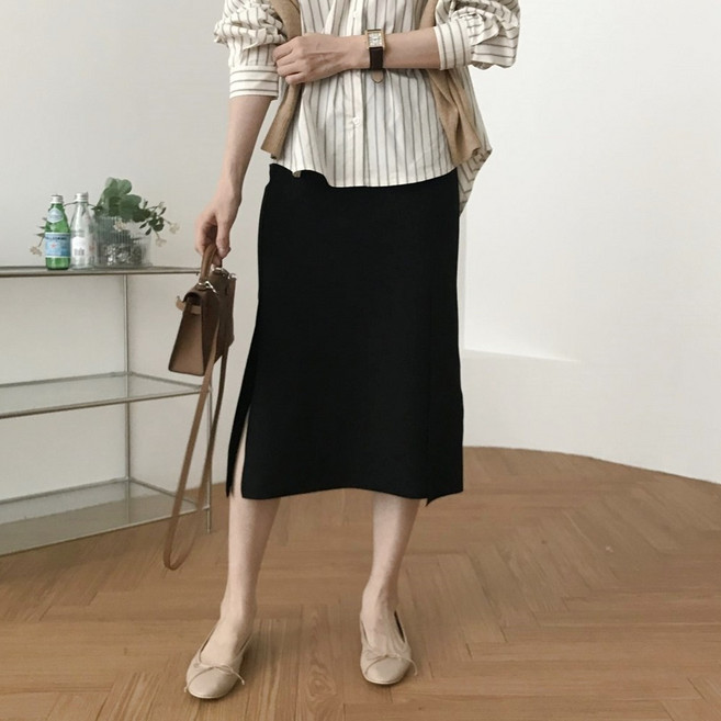 여성 H라인 밴딩 슬림핏 사이드 트임 미디 스커트 빅사이즈 데일리 오피스룩 국내제작