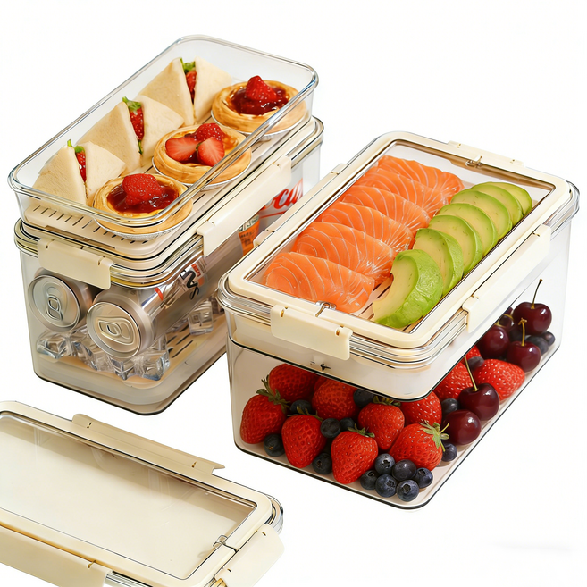 진공 밀폐용기 반찬통 가정용 수납 밀폐용기 대용량 냉장 냉동 과일 냉장고정리용기, 3800ML아이보리(6칸), 1개