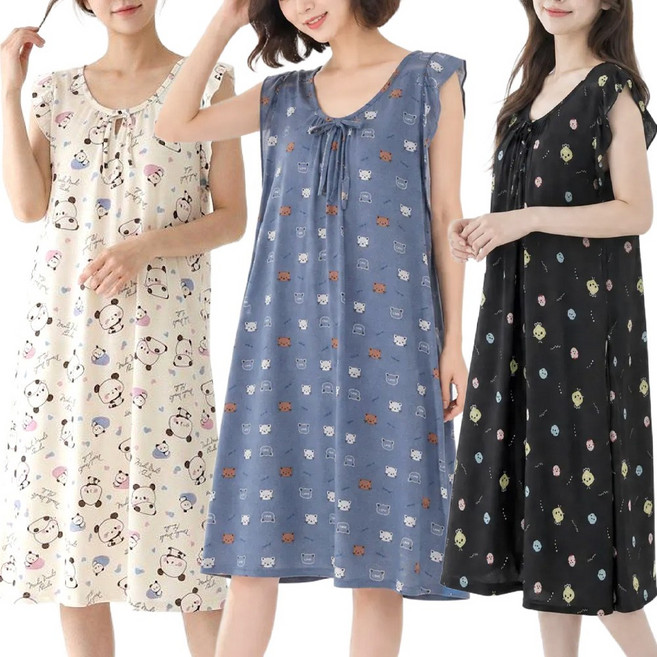 여성 캐릭터 원피스잠옷 여름 민소매 나시 홈웨어 어깨프릴 A라인 실내복
