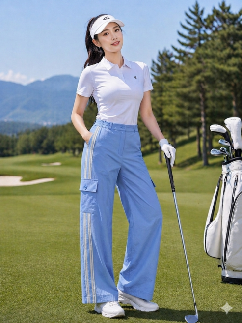 사이드 라인 카고 포켓 옆 부분 밴딩 와이드 몸매 보정 스판 여성 골프 웨어 여름 스포츠 빅사이즈 통 바지