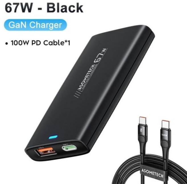 ASOMETECH 휴대용 멀티 USB C GaN 67W 고속 충전기 PD 3.0 QC C타입 여행용 14 13 프로 맥북 샤오미 삼성 노트북용, EU UK AU Travel Set_Black With, 1개