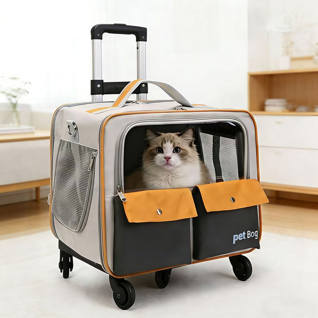 BIKASU 4륜 강아지 캐리어 접이식 고양이 이동장 반려동물 이지 레버 이동가방 캐리어 백팩, 1개, 오렌지