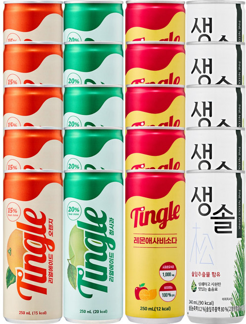 일화 롱캔 음료수 혼합 4종 5개씩(팅글오렌지+팅글청사과+팅글레몬애사비소다+생솔), 20개, 240ml