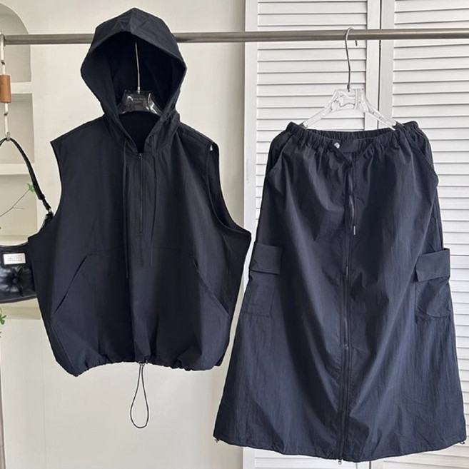 여성 캐주얼 베스트 스커트 세트 여름 루즈핏 빅사이즈 얇은 경량 후드투피스