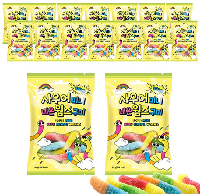 예이니식품 사우어 미니네온 웜즈 젤리 (50g) 위니비니사탕캔디, 50g, 16개