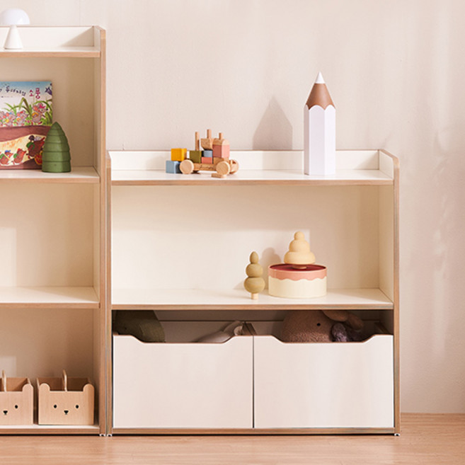 윌코 윌로우 조이 가로 800 높이 750 전면 2단책장 교구장+수납박스2P, 화이트+자작나무