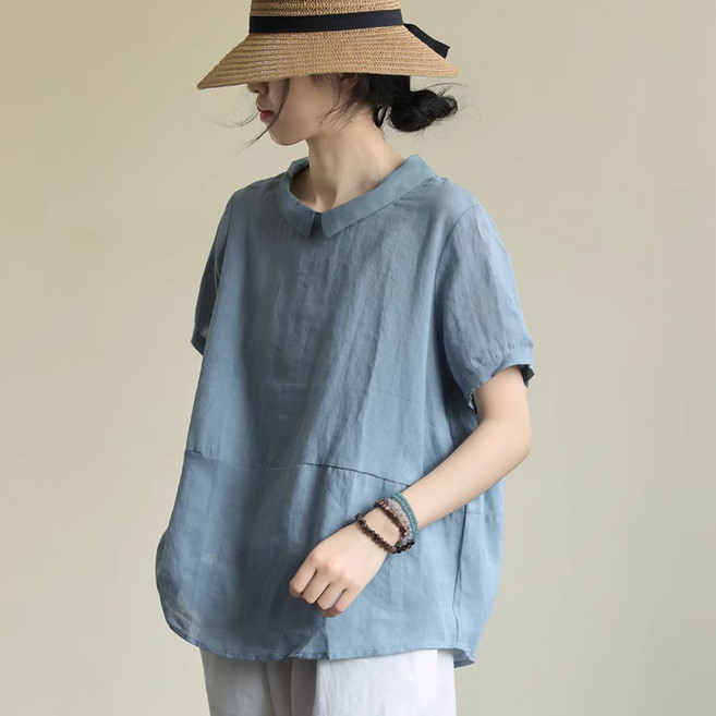 여름 면마 가벼운 시원한 카라넥 반팔 반소매 쿨링 블라우스 셔츠 데일리룩 카라면마반팔블라우스