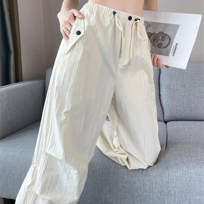 POMTOR 여성 조거 팬츠 봄가을 하이웨스트 조임 끈 일자 통 스포츠 캐주얼 바지