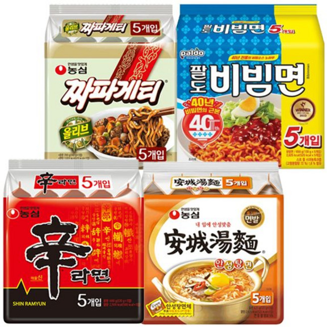 신라면5봉+안성탕면5봉+짜파게티5봉+팔도비빔면5봉, 1세트, 2.455kg