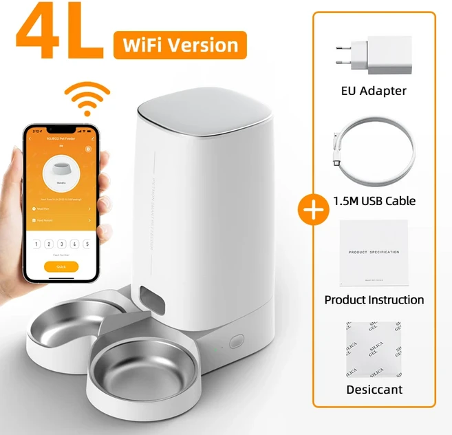 ROJECO 자동 고양이 스마트 고양이를위한 원격 제어 음식 WIFI KIBBLE 애완 더블 동물 디스펜서 액세서리 피더, WiFi Double Bowl, 1개