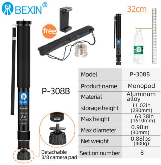 BEXIN 확장형 경량 휴대용 미니 카메라 모노포드 폰 스탠드 유니포드 DSLR 비디오 캐논용, 03 P308B_01 CHINA