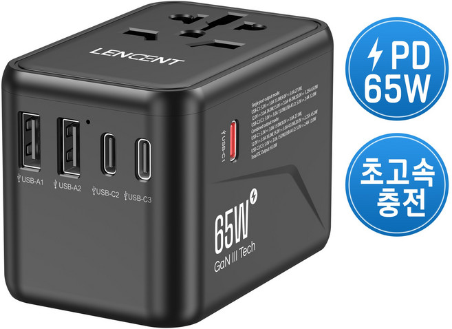 LENCENT 고성능 GaN PD65W 고속 충전 해외 여행용 멀티 플러그 어댑터 블랙 PA048B-65W, 1개