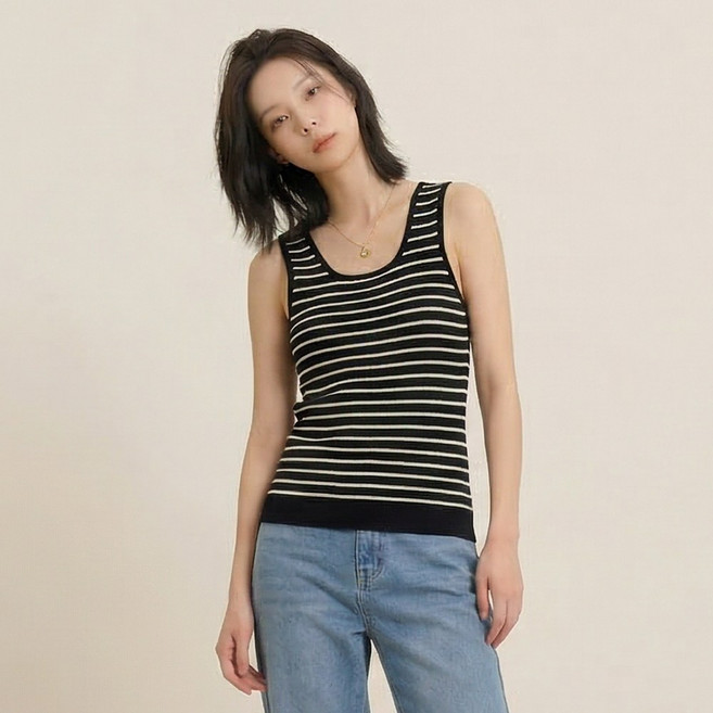 오브나인 U넥 스트라이프 슬리브리스 슬림핏 민소매 니트 조끼 (4color)+델로나